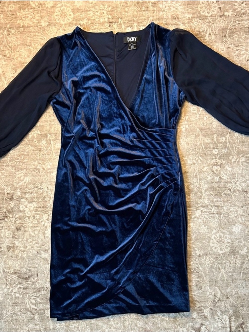 DKNY Navy Blue Velvet Surplice Midi Dress with Sheer Long Sleeves